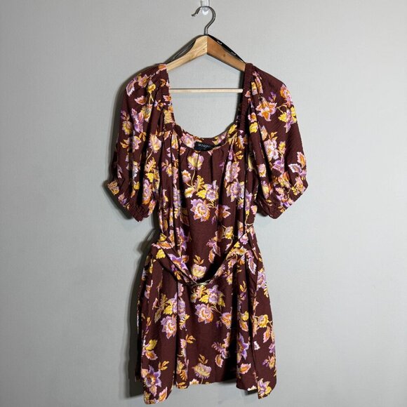 MINKPINK Giselle Belted Floral Mini Dress Women's Large Brown Puff Sleeve NWT - Picture 4 of 16